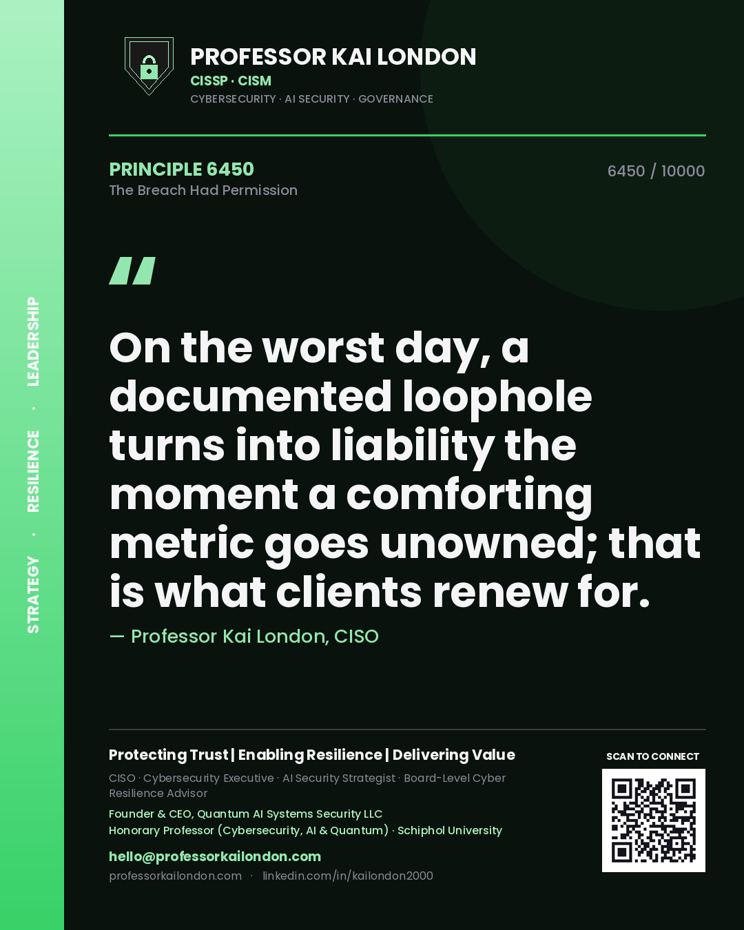 Professor Kai London principle 6450: On the worst day, a documented loophole turns into liability the moment a comforting metric goes unowned; that is what clients renew for.