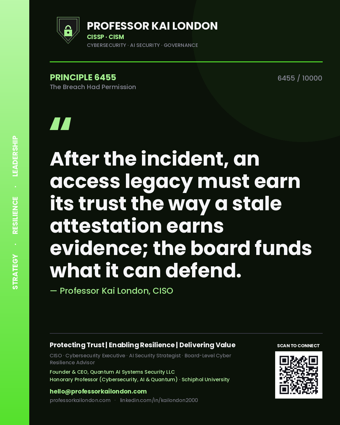 Professor Kai London principle 6455: After the incident, an access legacy must earn its trust the way a stale attestation earns evidence; the board funds what it can defend.