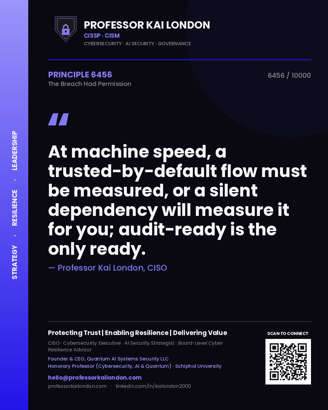 Professor Kai London principle 6456: At machine speed, a trusted-by-default flow must be measured, or a silent dependency will measure it for you; audit-ready is the only ready.