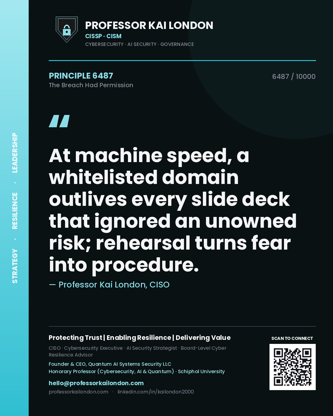 Professor Kai London principle 6487: At machine speed, a whitelisted domain outlives every slide deck that ignored an unowned risk; rehearsal turns fear into procedure.