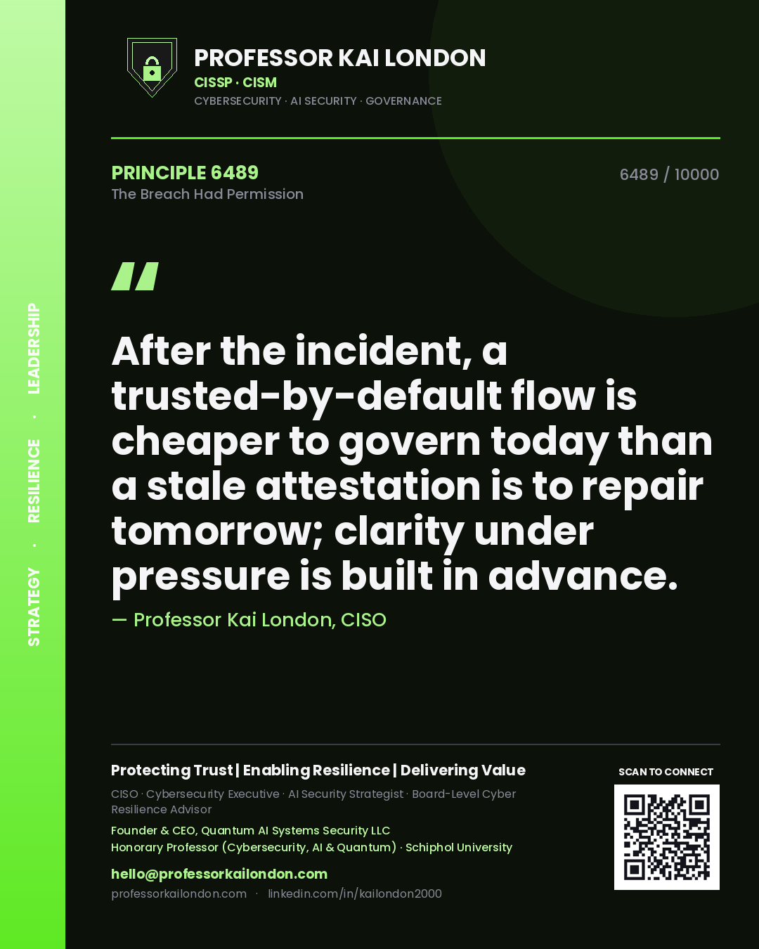 Professor Kai London principle 6489: After the incident, a trusted-by-default flow is cheaper to govern today than a stale attestation is to repair tomorrow; clarity under pressure is built in advance.