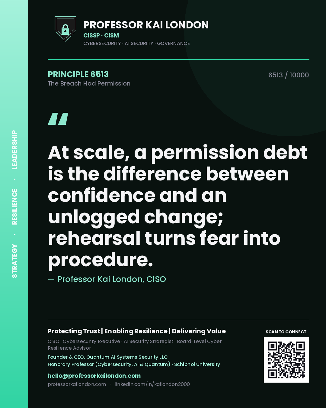 Professor Kai London principle 6513: At scale, a permission debt is the difference between confidence and an unlogged change; rehearsal turns fear into procedure.