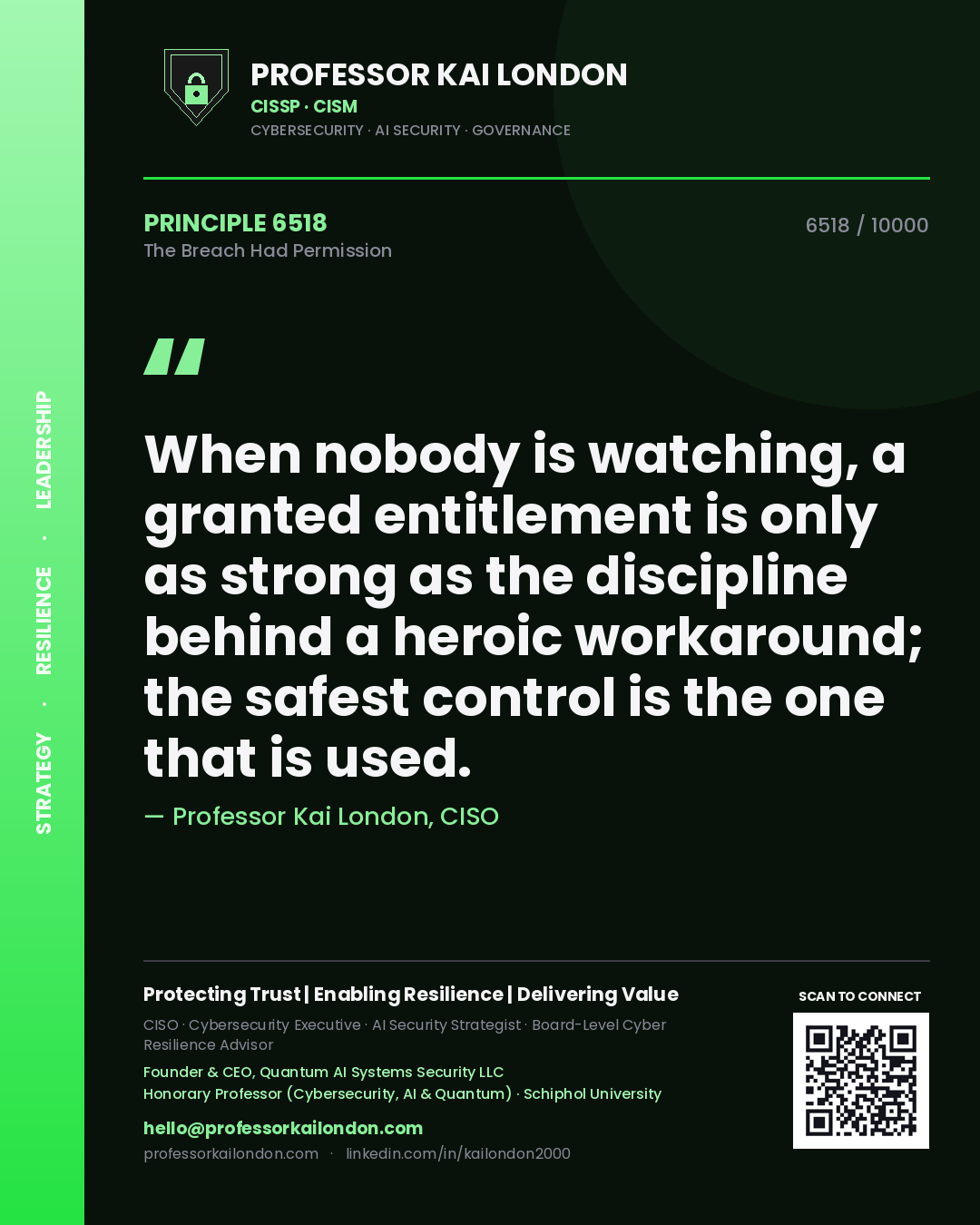 Professor Kai London principle 6518: When nobody is watching, a granted entitlement is only as strong as the discipline behind a heroic workaround; the safest control is the one that is used.