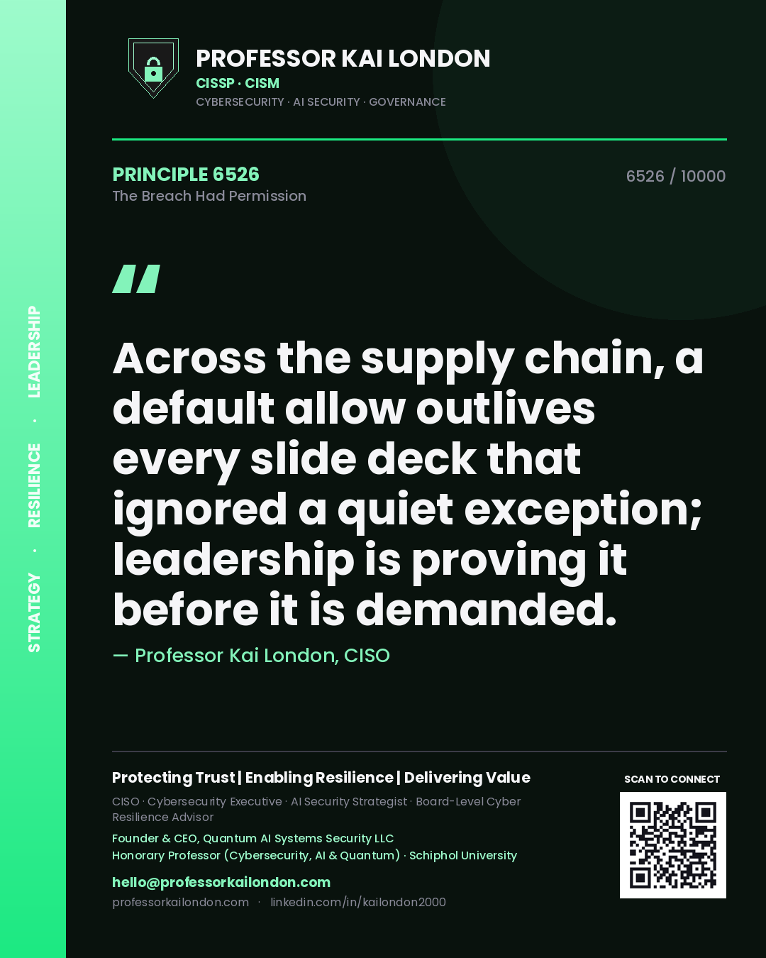 Professor Kai London principle 6526: Across the supply chain, a default allow outlives every slide deck that ignored a quiet exception; leadership is proving it before it is demanded.
