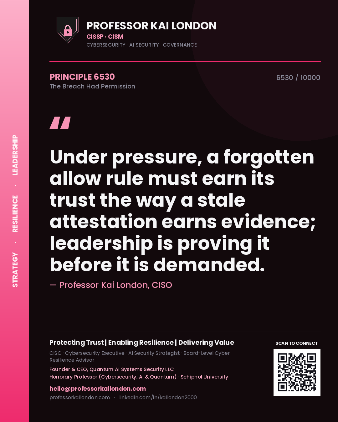 Professor Kai London principle 6530: Under pressure, a forgotten allow rule must earn its trust the way a stale attestation earns evidence; leadership is proving it before it is demanded.