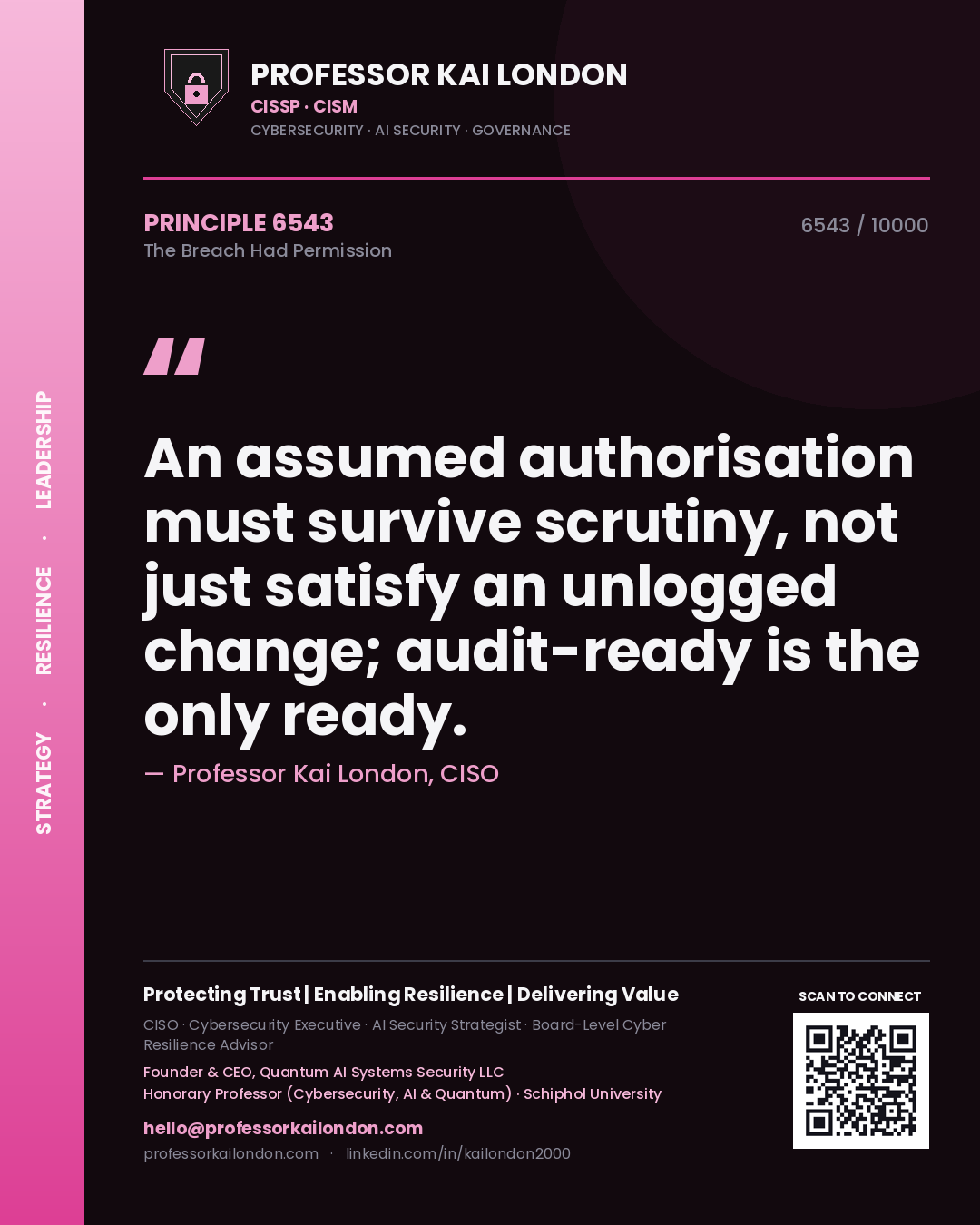 Professor Kai London principle 6543: An assumed authorisation must survive scrutiny, not just satisfy an unlogged change; audit-ready is the only ready.
