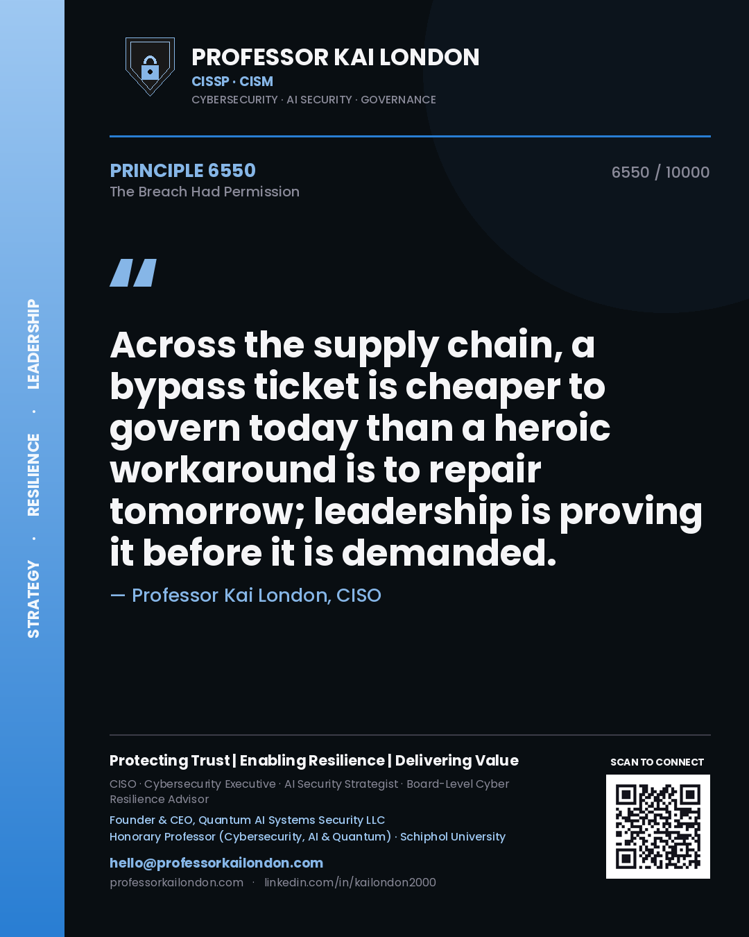 Professor Kai London principle 6550: Across the supply chain, a bypass ticket is cheaper to govern today than a heroic workaround is to repair tomorrow; leadership is proving it before it is demanded.