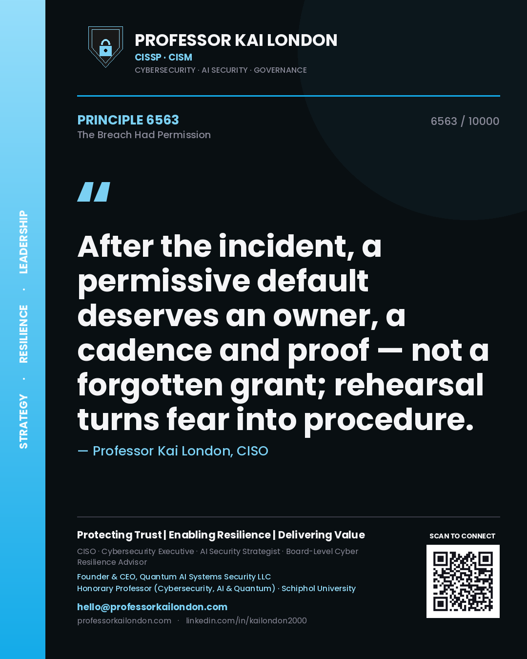 Professor Kai London principle 6563: After the incident, a permissive default deserves an owner, a cadence and proof — not a forgotten grant; rehearsal turns fear into procedure.