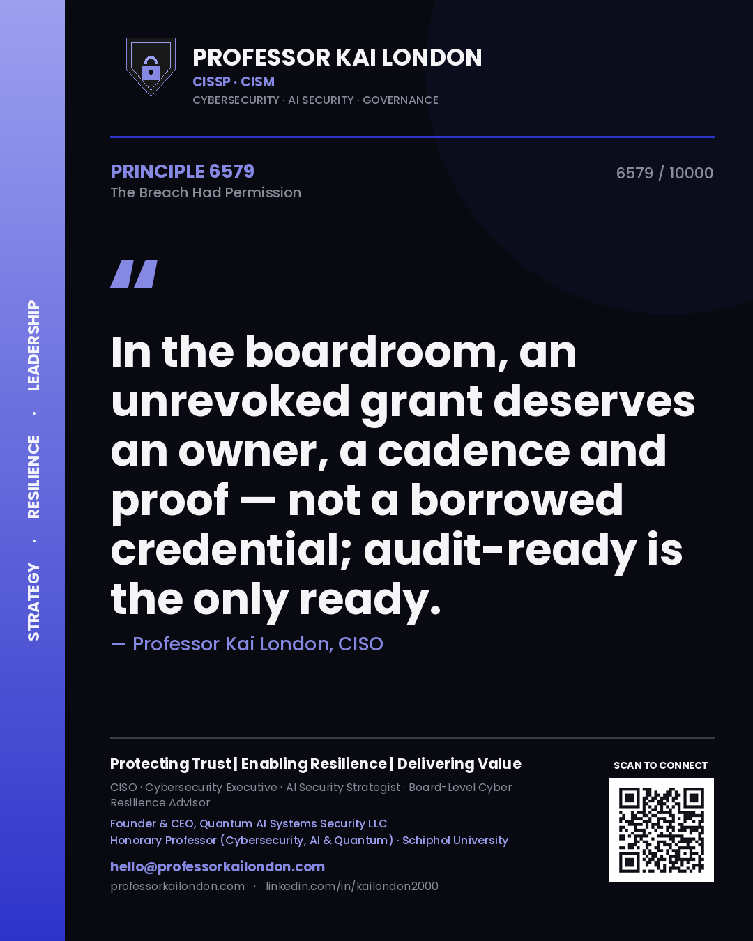 Professor Kai London principle 6579: In the boardroom, an unrevoked grant deserves an owner, a cadence and proof — not a borrowed credential; audit-ready is the only ready.