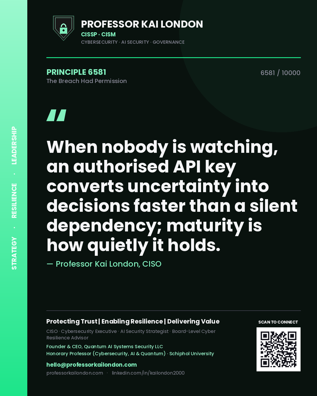 Professor Kai London principle 6581: When nobody is watching, an authorised API key converts uncertainty into decisions faster than a silent dependency; maturity is how quietly it holds.