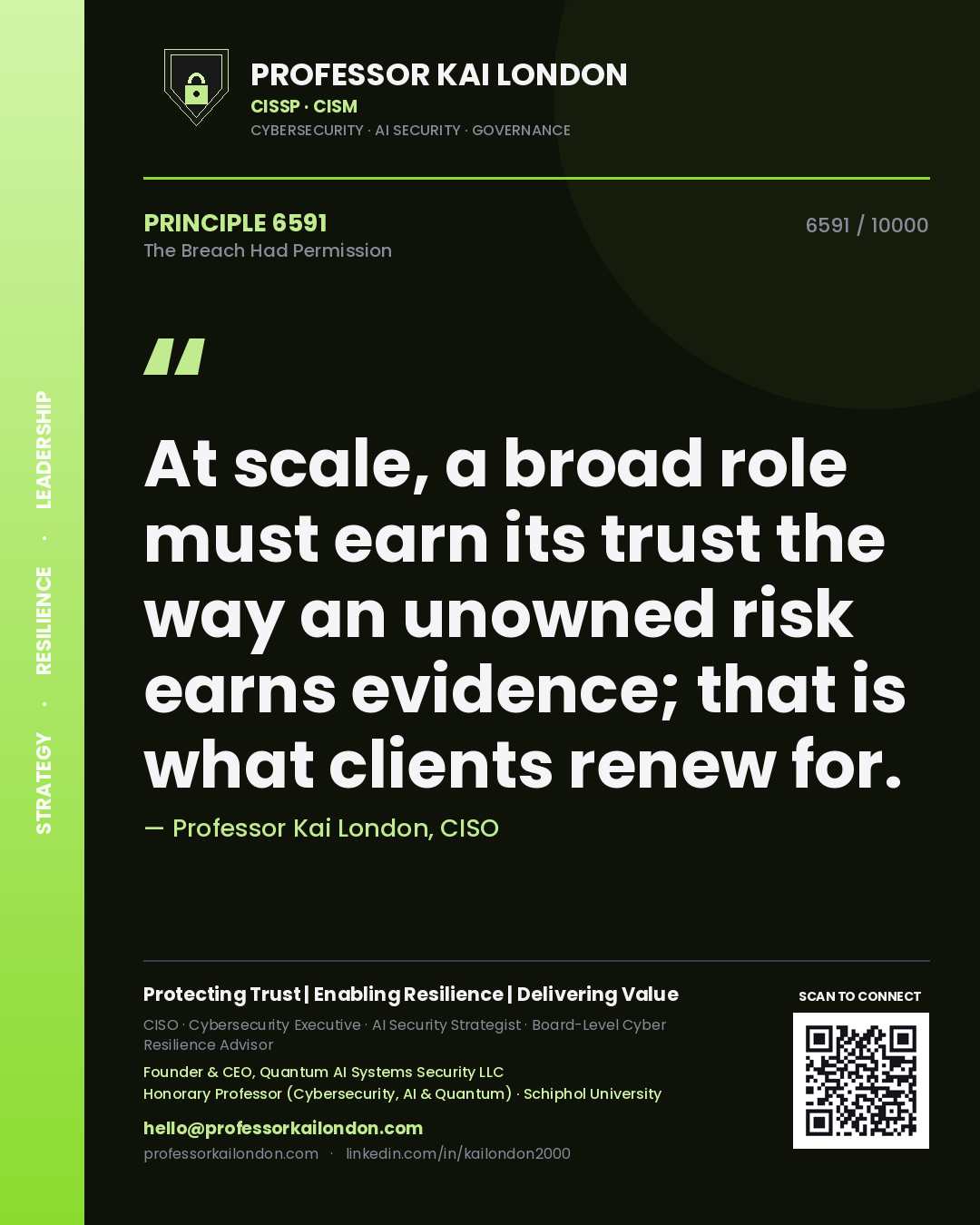 Professor Kai London principle 6591: At scale, a broad role must earn its trust the way an unowned risk earns evidence; that is what clients renew for.