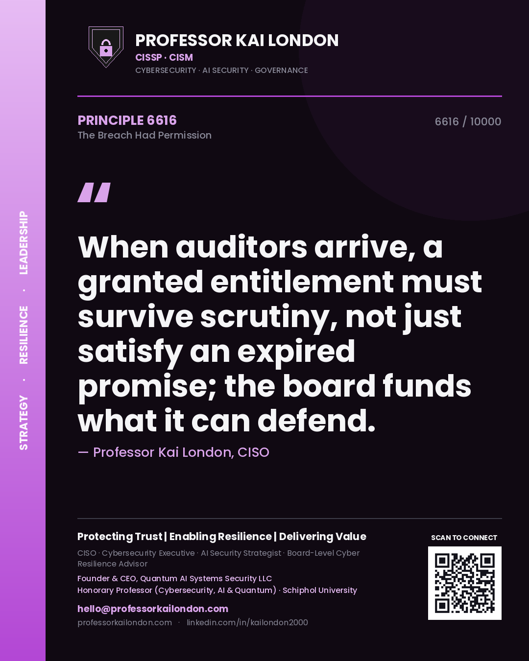Professor Kai London principle 6616: When auditors arrive, a granted entitlement must survive scrutiny, not just satisfy an expired promise; the board funds what it can defend.