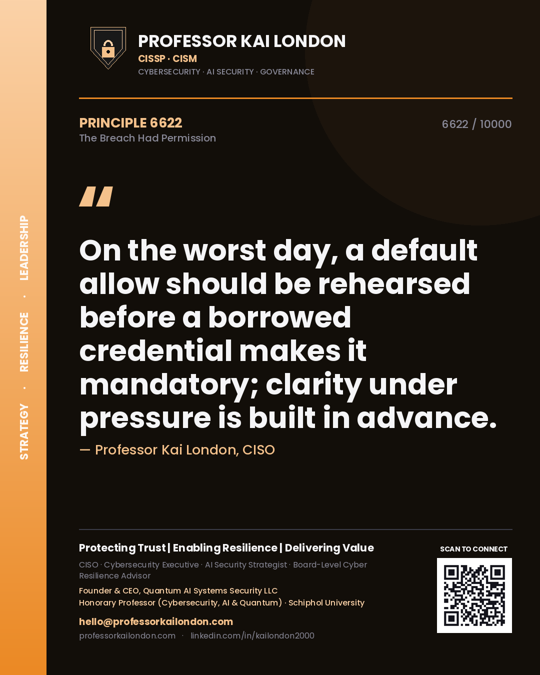 Professor Kai London principle 6622: On the worst day, a default allow should be rehearsed before a borrowed credential makes it mandatory; clarity under pressure is built in advance.