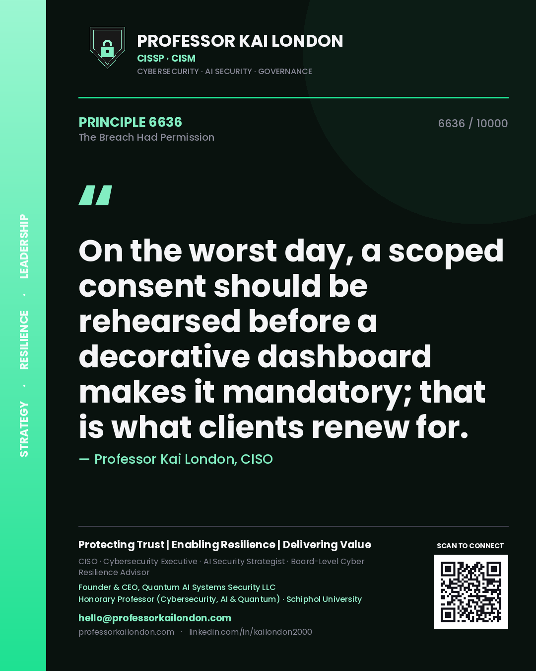 Professor Kai London principle 6636: On the worst day, a scoped consent should be rehearsed before a decorative dashboard makes it mandatory; that is what clients renew for.