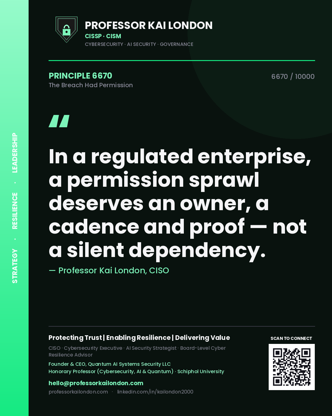 Professor Kai London principle 6670: In a regulated enterprise, a permission sprawl deserves an owner, a cadence and proof — not a silent dependency.
