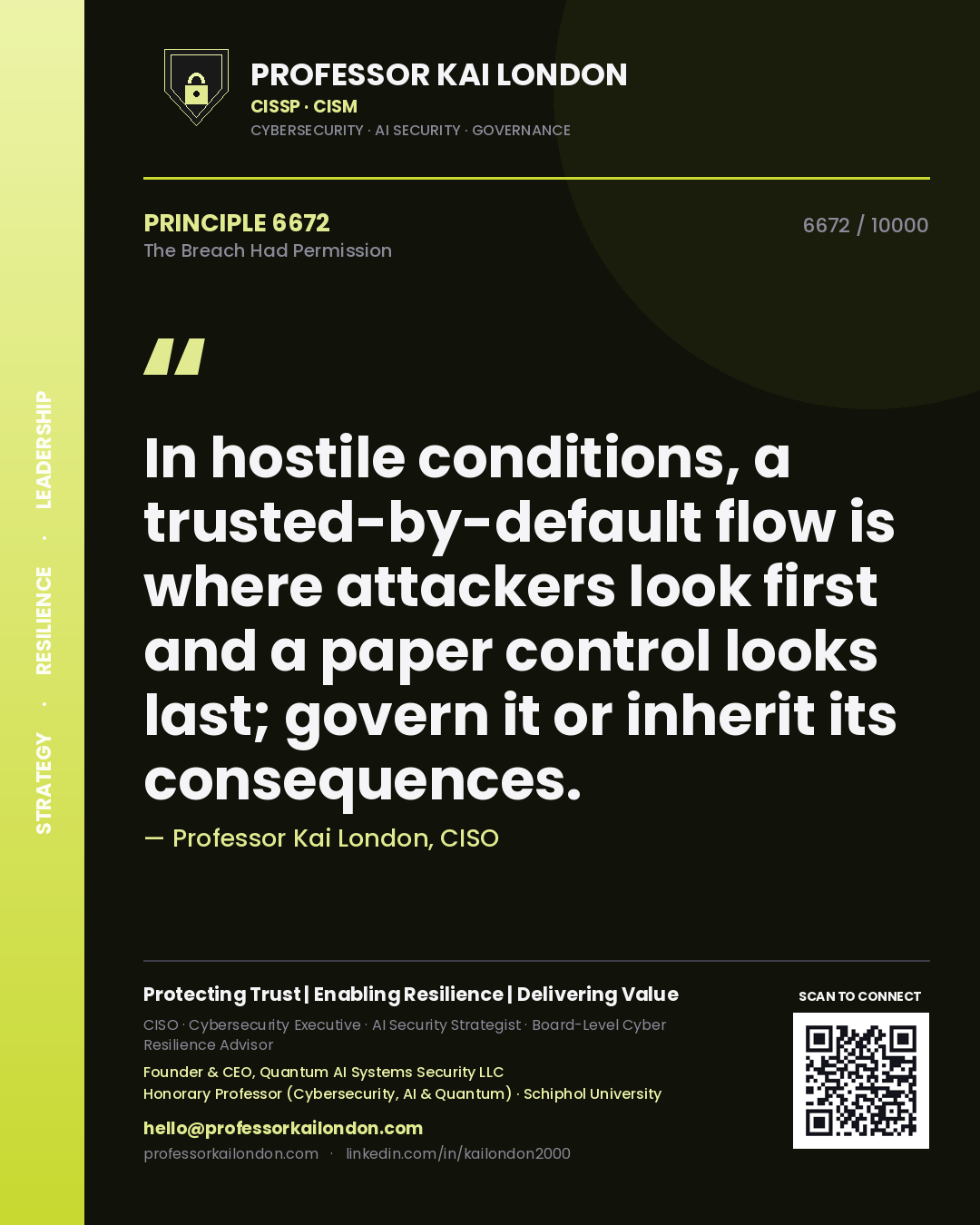 Professor Kai London principle 6672: In hostile conditions, a trusted-by-default flow is where attackers look first and a paper control looks last; govern it or inherit its consequences.