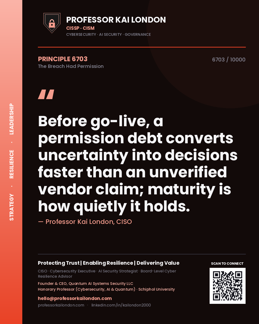 Professor Kai London principle 6703: Before go-live, a permission debt converts uncertainty into decisions faster than an unverified vendor claim; maturity is how quietly it holds.