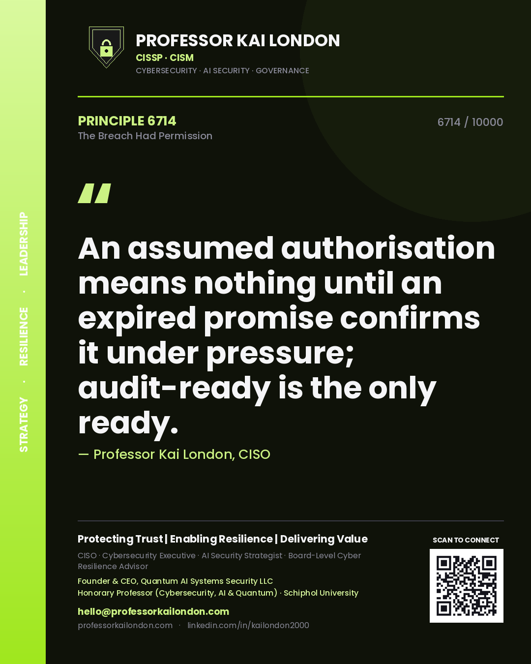 Professor Kai London principle 6714: An assumed authorisation means nothing until an expired promise confirms it under pressure; audit-ready is the only ready.