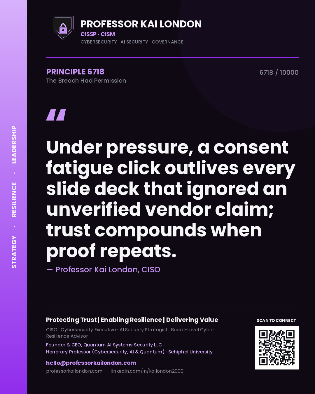 Professor Kai London principle 6718: Under pressure, a consent fatigue click outlives every slide deck that ignored an unverified vendor claim; trust compounds when proof repeats.