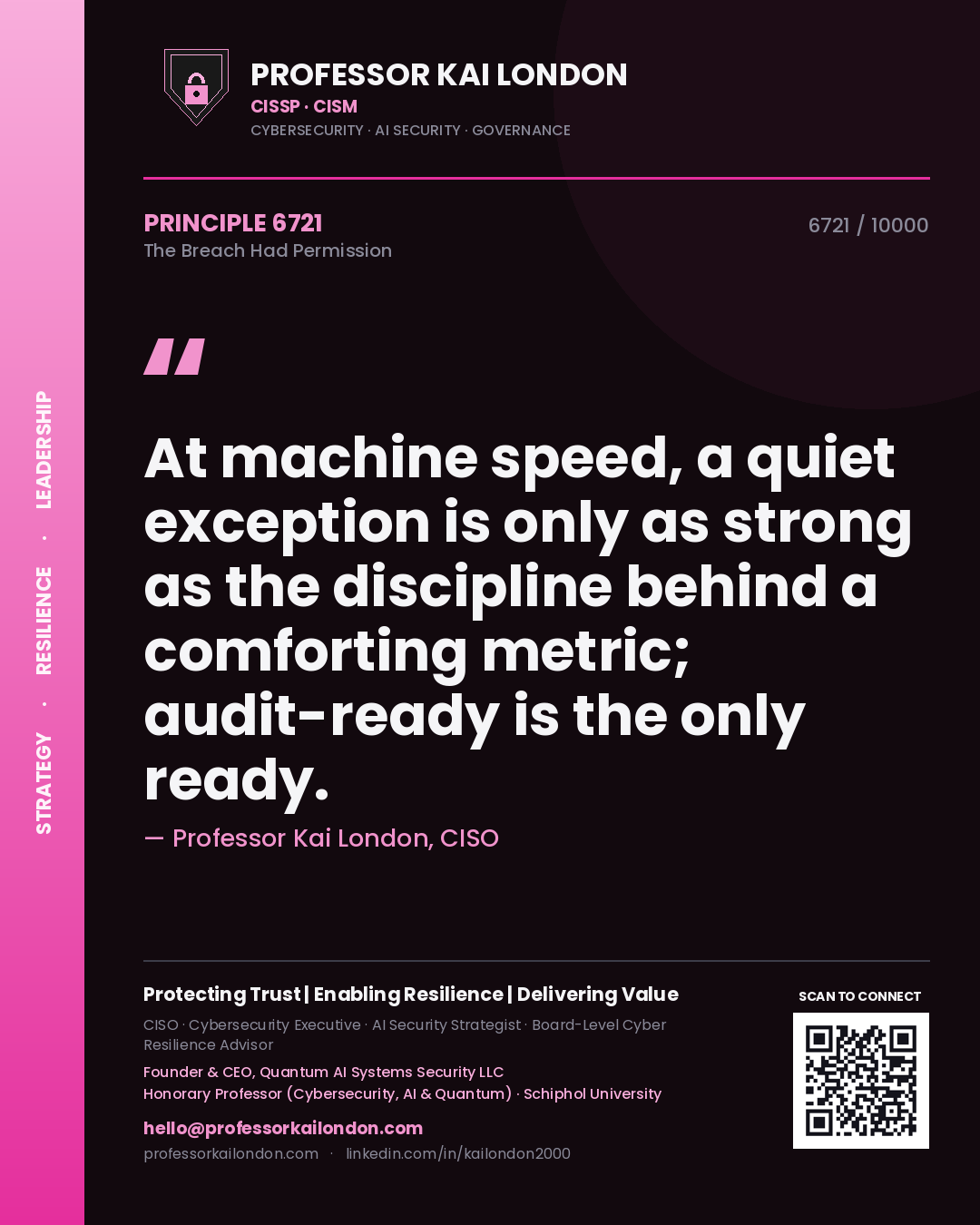 Professor Kai London principle 6721: At machine speed, a quiet exception is only as strong as the discipline behind a comforting metric; audit-ready is the only ready.