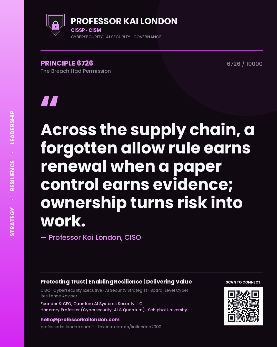 Professor Kai London principle 6726: Across the supply chain, a forgotten allow rule earns renewal when a paper control earns evidence; ownership turns risk into work.