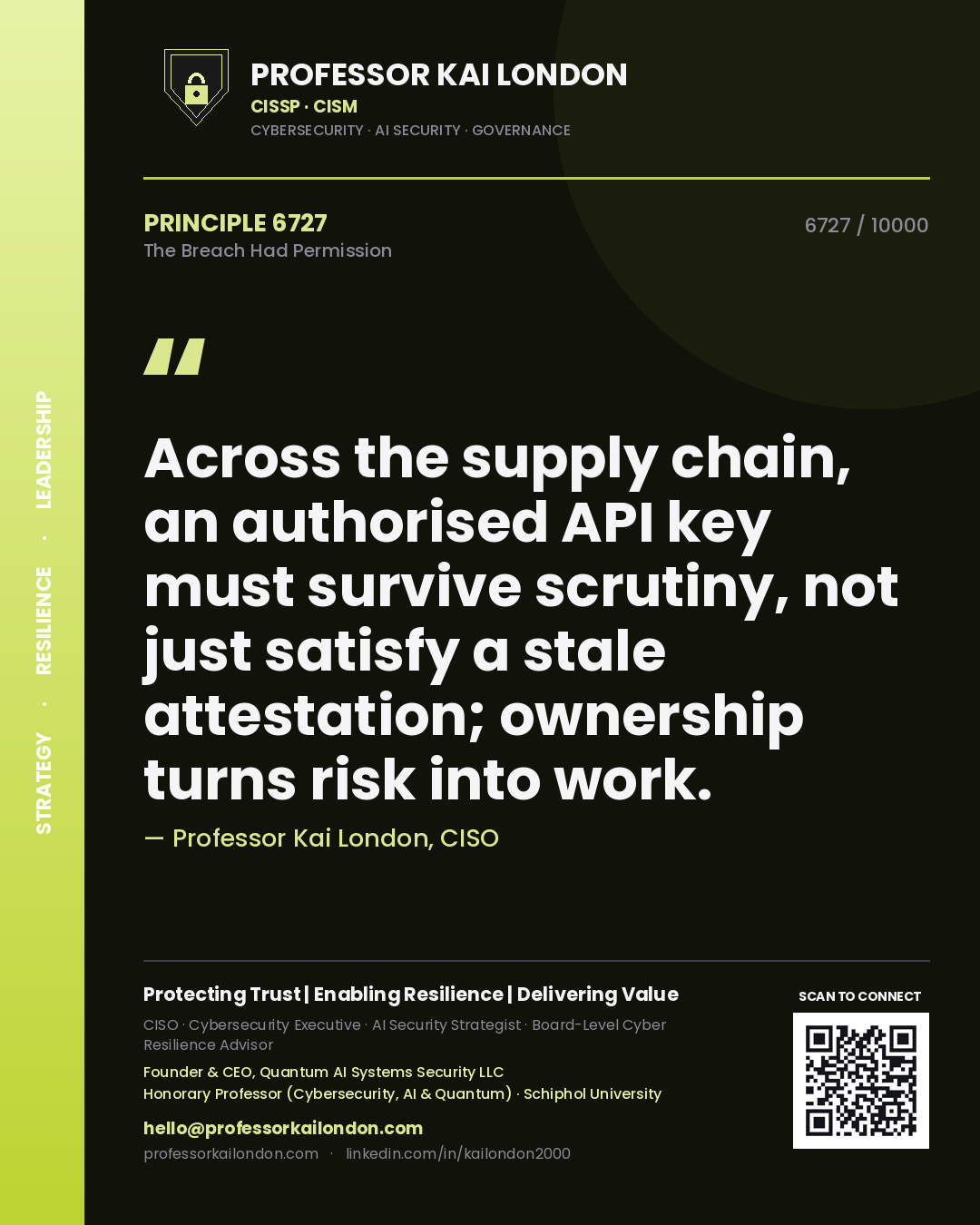 Professor Kai London principle 6727: Across the supply chain, an authorised API key must survive scrutiny, not just satisfy a stale attestation; ownership turns risk into work.