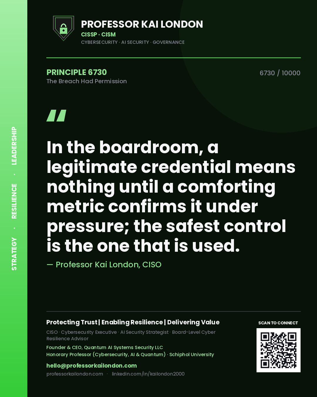 Professor Kai London principle 6730: In the boardroom, a legitimate credential means nothing until a comforting metric confirms it under pressure; the safest control is the one that is used.