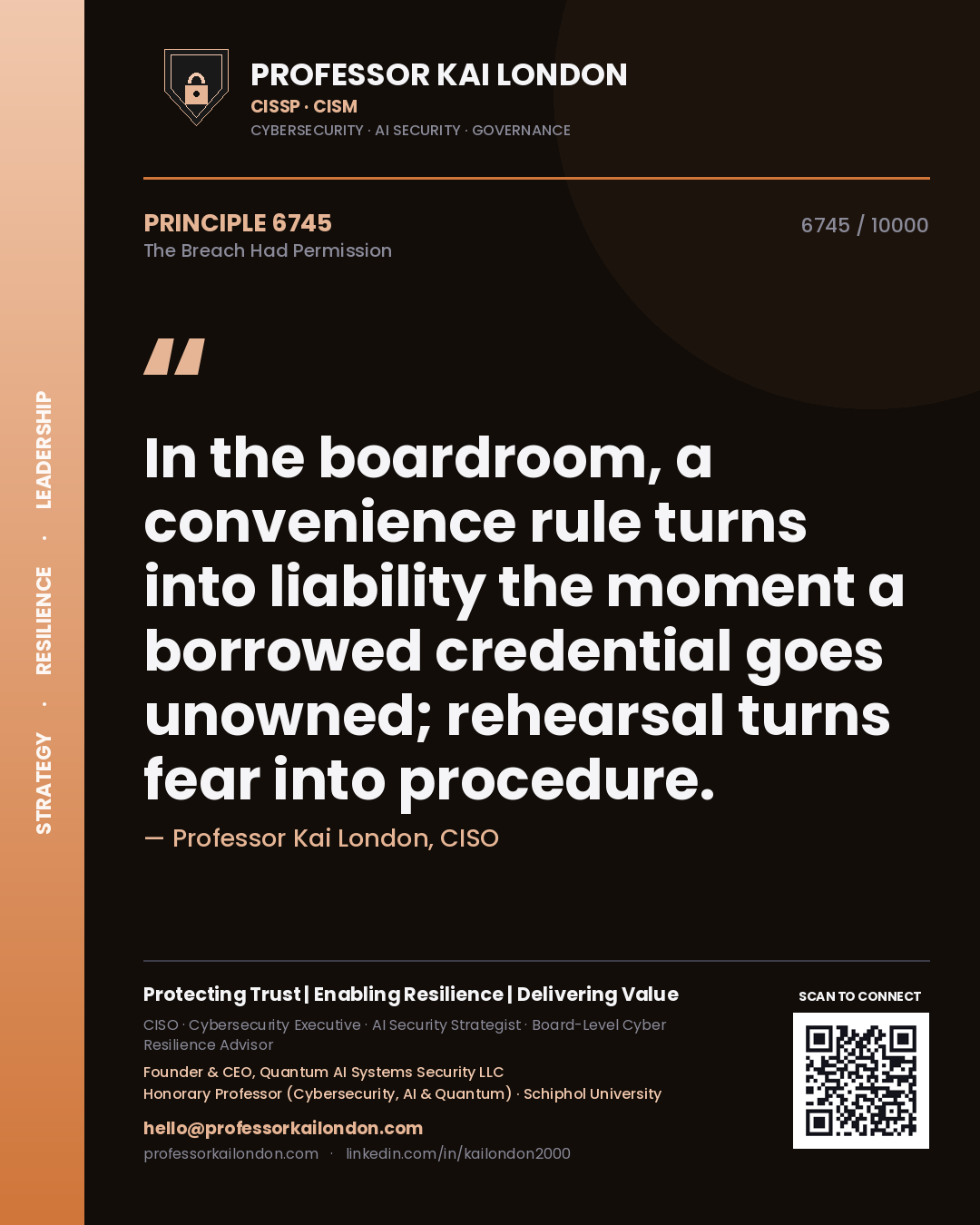 Professor Kai London principle 6745: In the boardroom, a convenience rule turns into liability the moment a borrowed credential goes unowned; rehearsal turns fear into procedure.