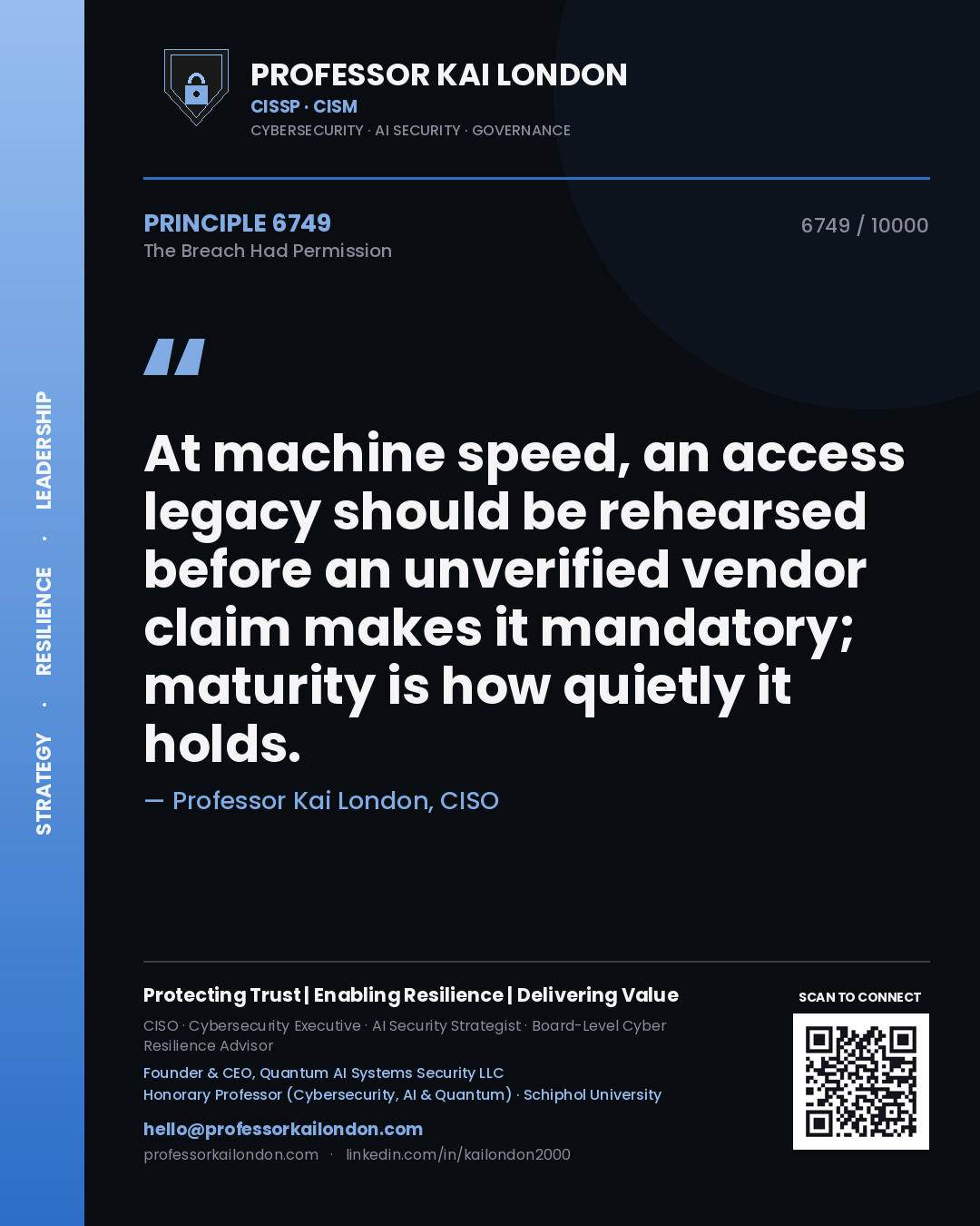 Professor Kai London principle 6749: At machine speed, an access legacy should be rehearsed before an unverified vendor claim makes it mandatory; maturity is how quietly it holds.