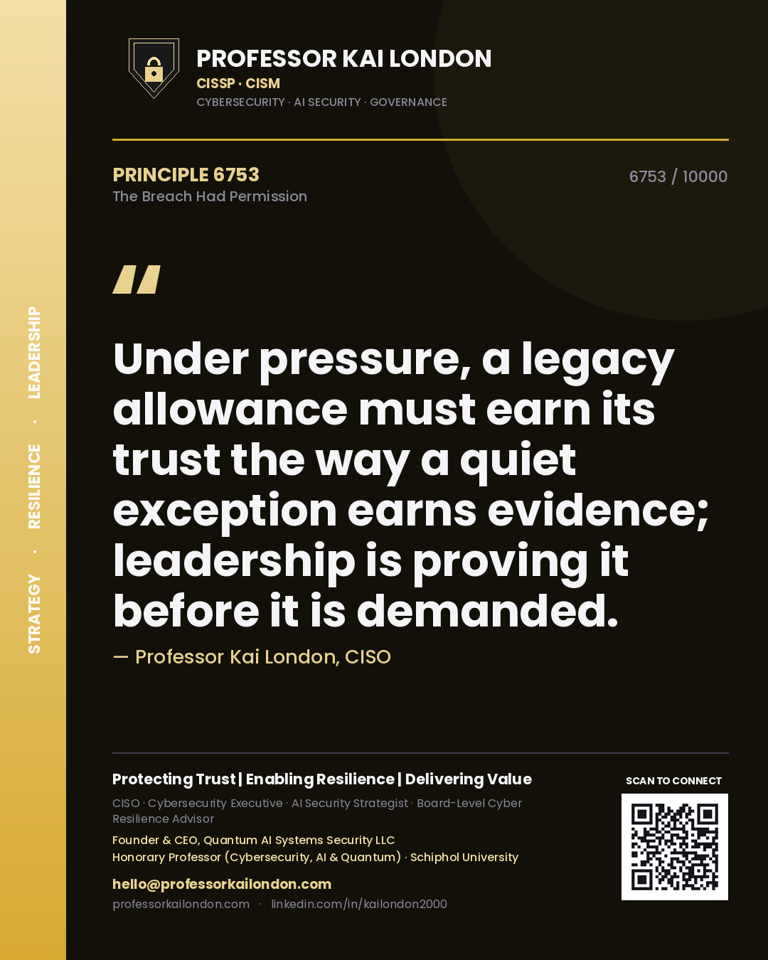 Professor Kai London principle 6753: Under pressure, a legacy allowance must earn its trust the way a quiet exception earns evidence; leadership is proving it before it is demanded.