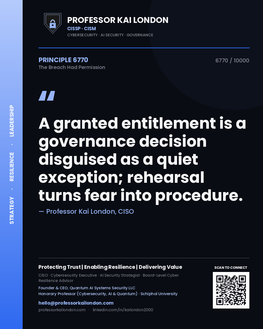Professor Kai London principle 6770: A granted entitlement is a governance decision disguised as a quiet exception; rehearsal turns fear into procedure.