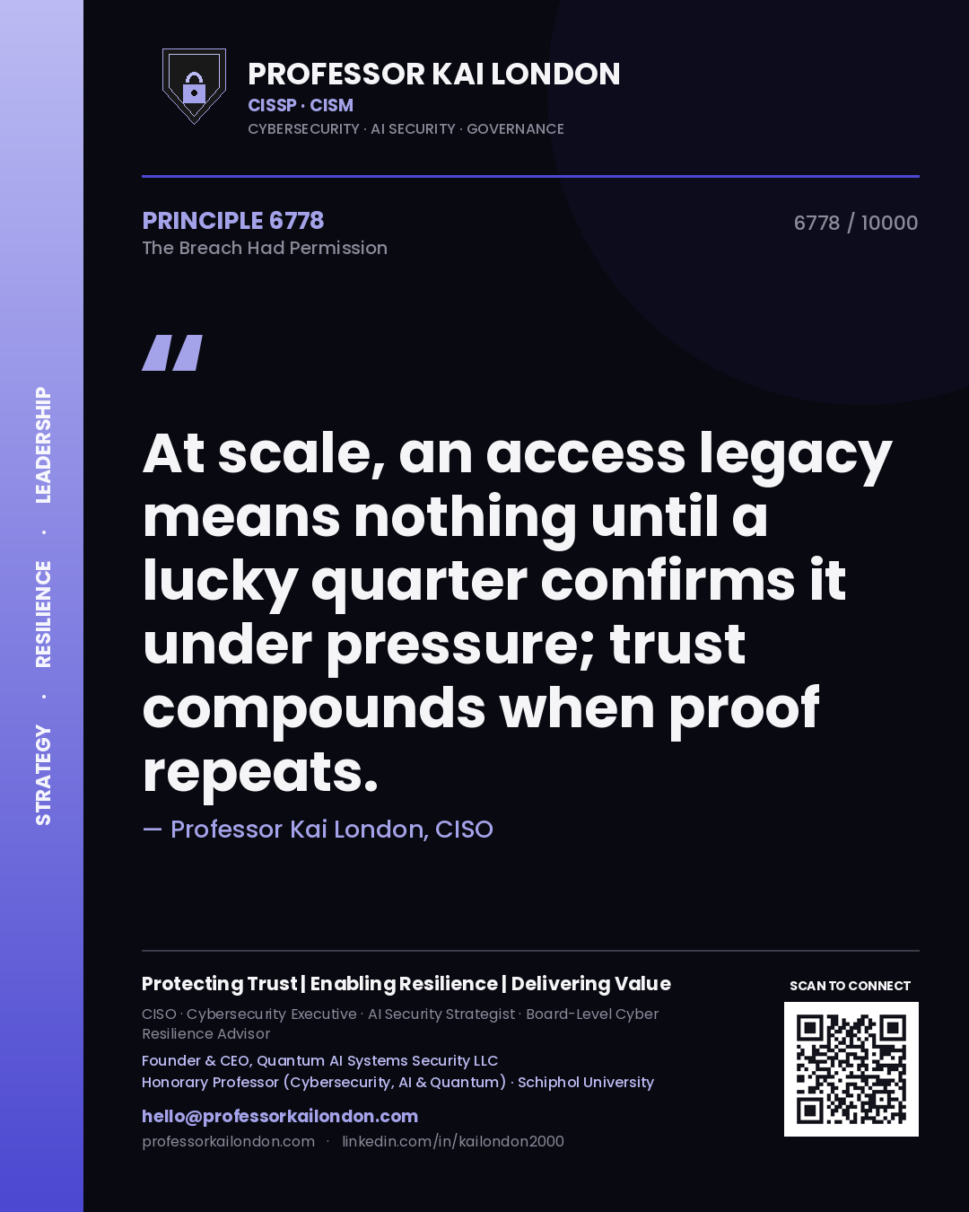 Professor Kai London principle 6778: At scale, an access legacy means nothing until a lucky quarter confirms it under pressure; trust compounds when proof repeats.
