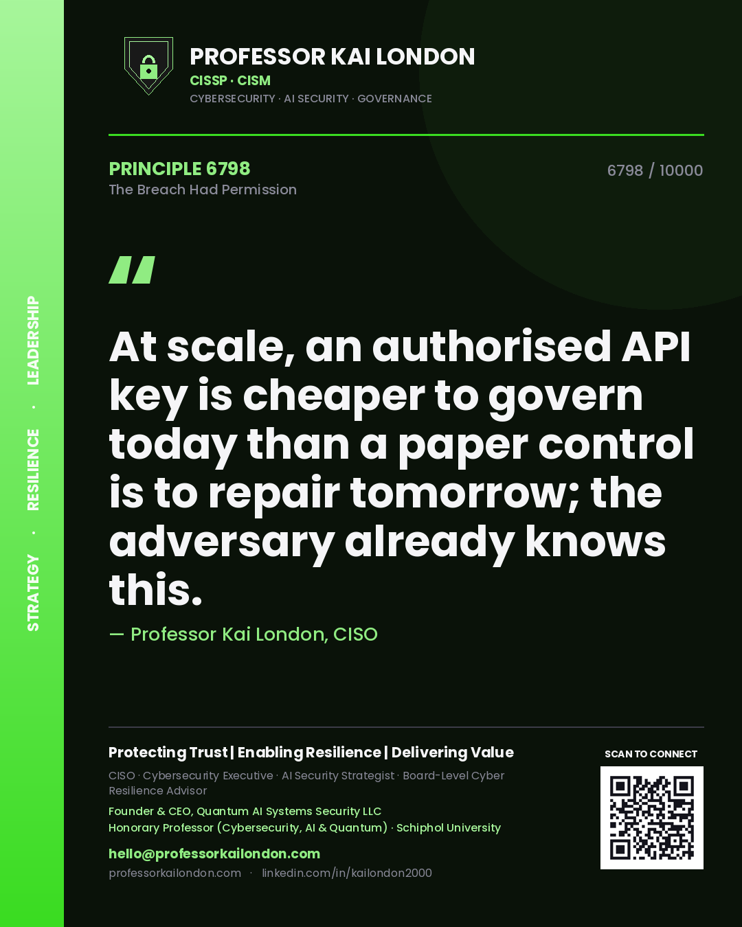 Professor Kai London principle 6798: At scale, an authorised API key is cheaper to govern today than a paper control is to repair tomorrow; the adversary already knows this.