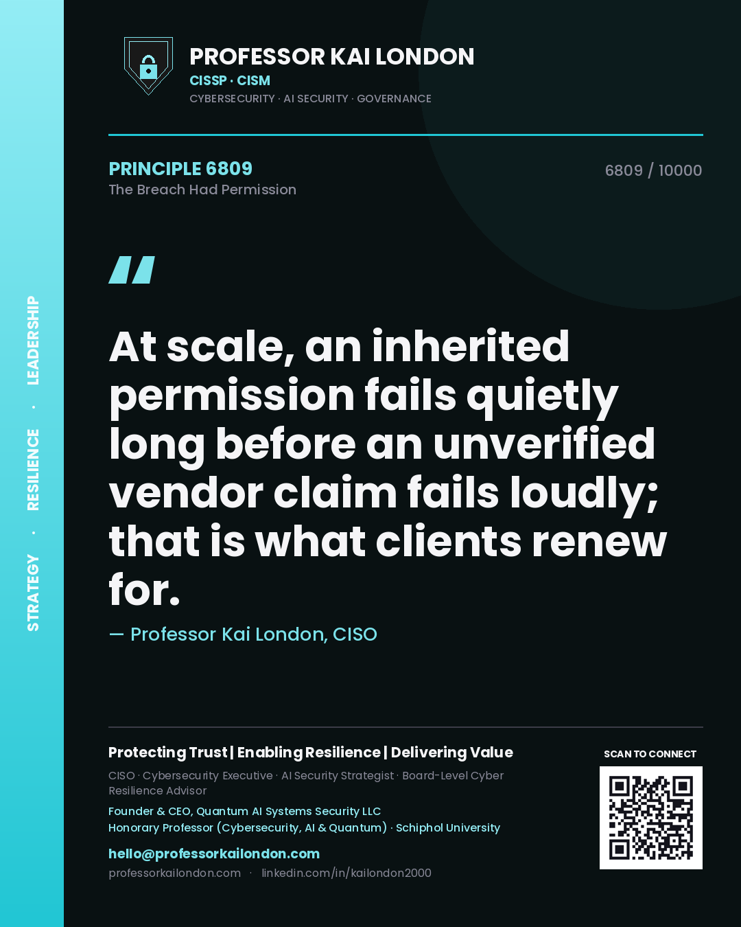 Professor Kai London principle 6809: At scale, an inherited permission fails quietly long before an unverified vendor claim fails loudly; that is what clients renew for.