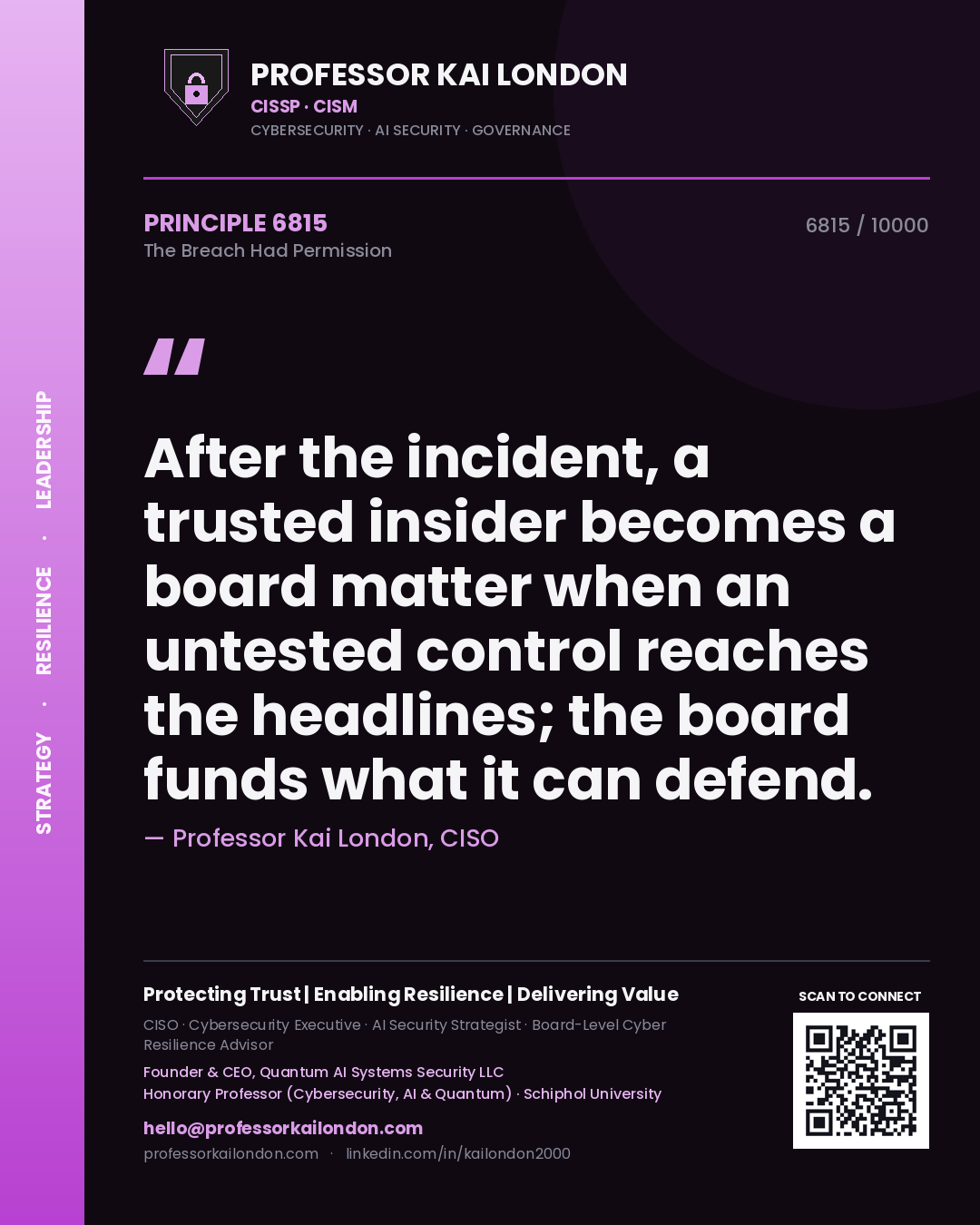 Professor Kai London principle 6815: After the incident, a trusted insider becomes a board matter when an untested control reaches the headlines; the board funds what it can defend.