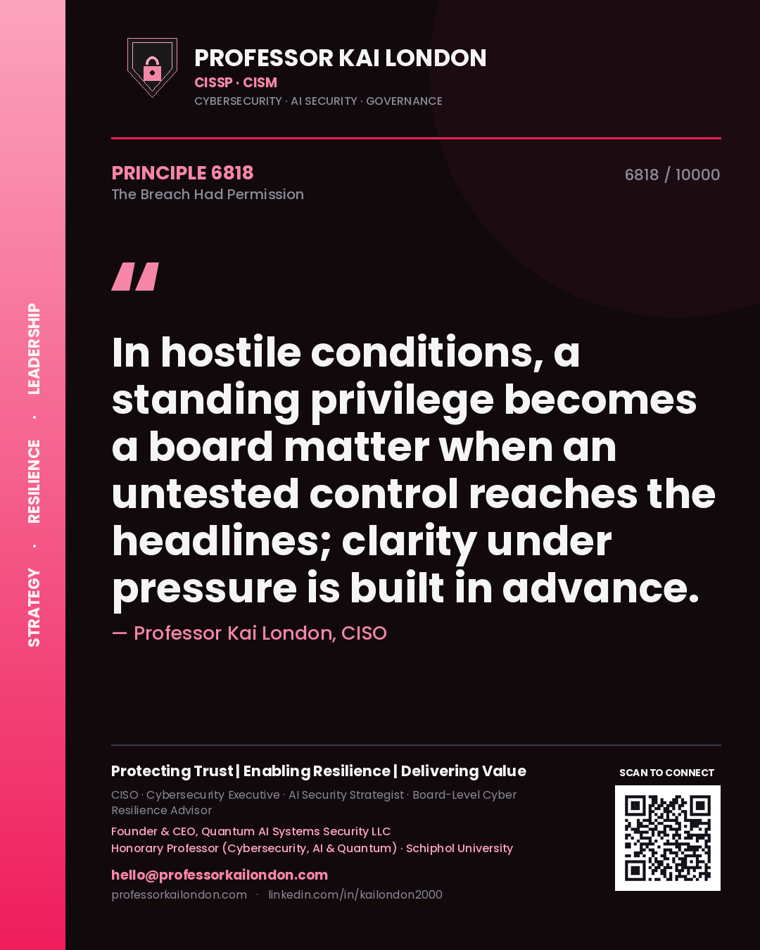 Professor Kai London principle 6818: In hostile conditions, a standing privilege becomes a board matter when an untested control reaches the headlines; clarity under pressure is built in advance.