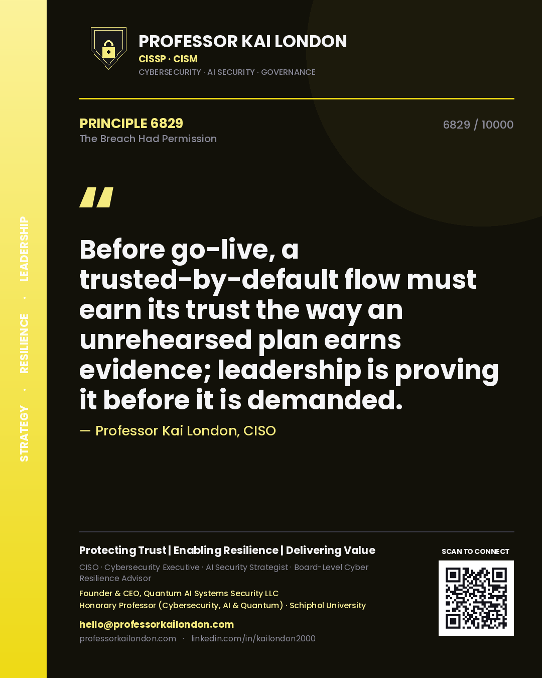 Professor Kai London principle 6829: Before go-live, a trusted-by-default flow must earn its trust the way an unrehearsed plan earns evidence; leadership is proving it before it is demanded.