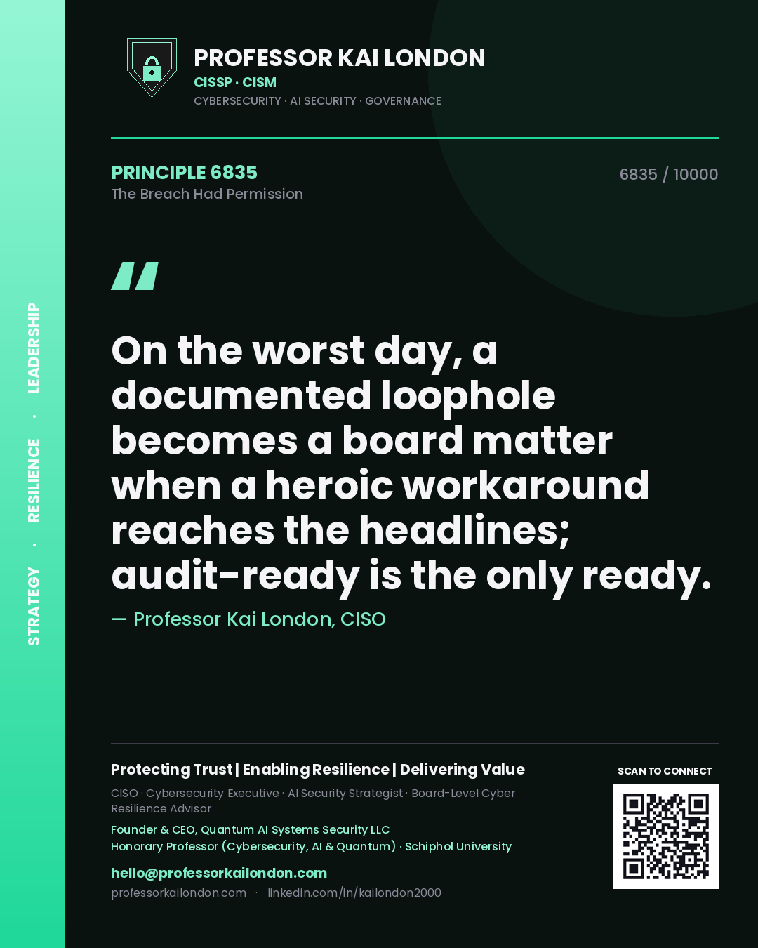Professor Kai London principle 6835: On the worst day, a documented loophole becomes a board matter when a heroic workaround reaches the headlines; audit-ready is the only ready.
