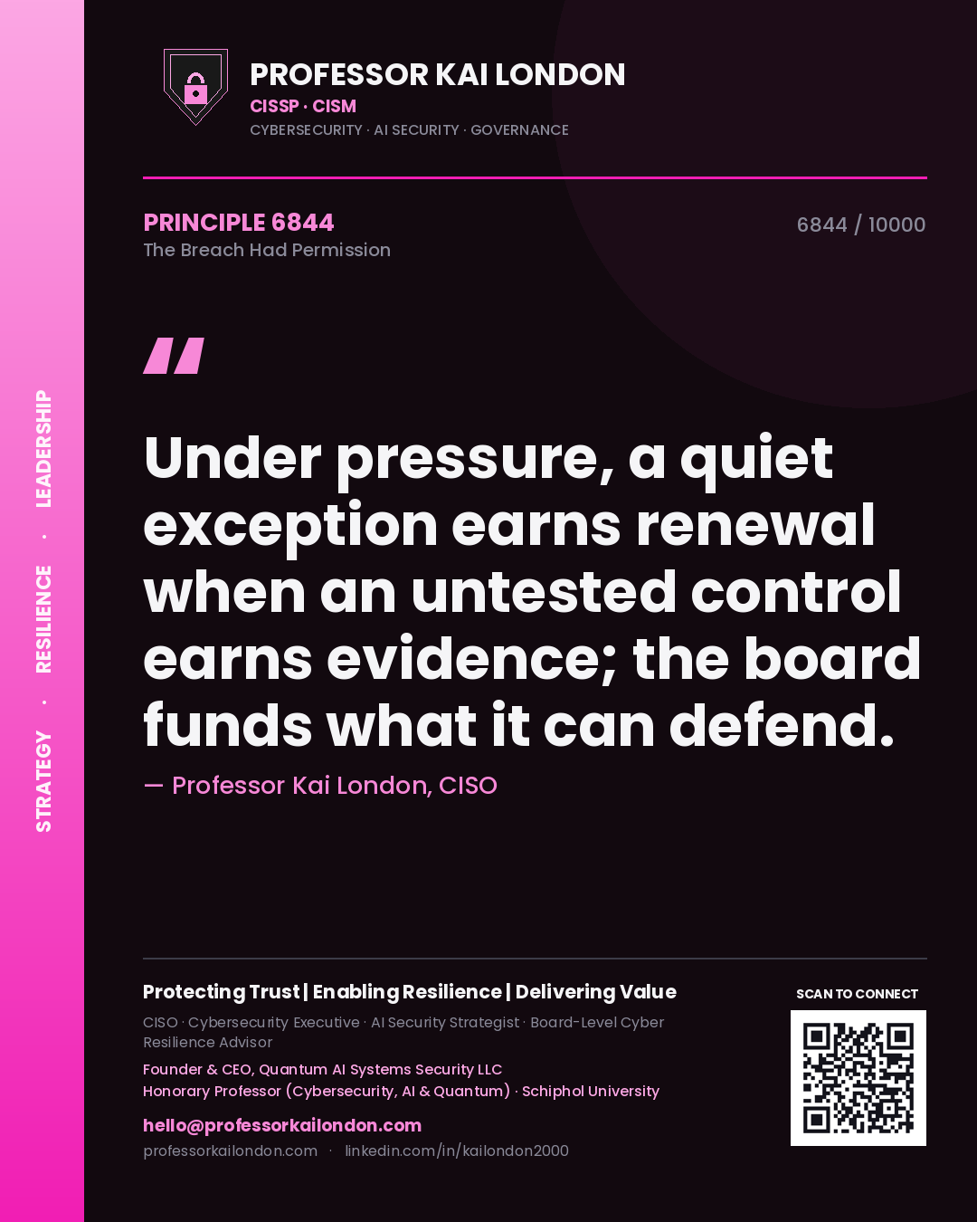 Professor Kai London principle 6844: Under pressure, a quiet exception earns renewal when an untested control earns evidence; the board funds what it can defend.