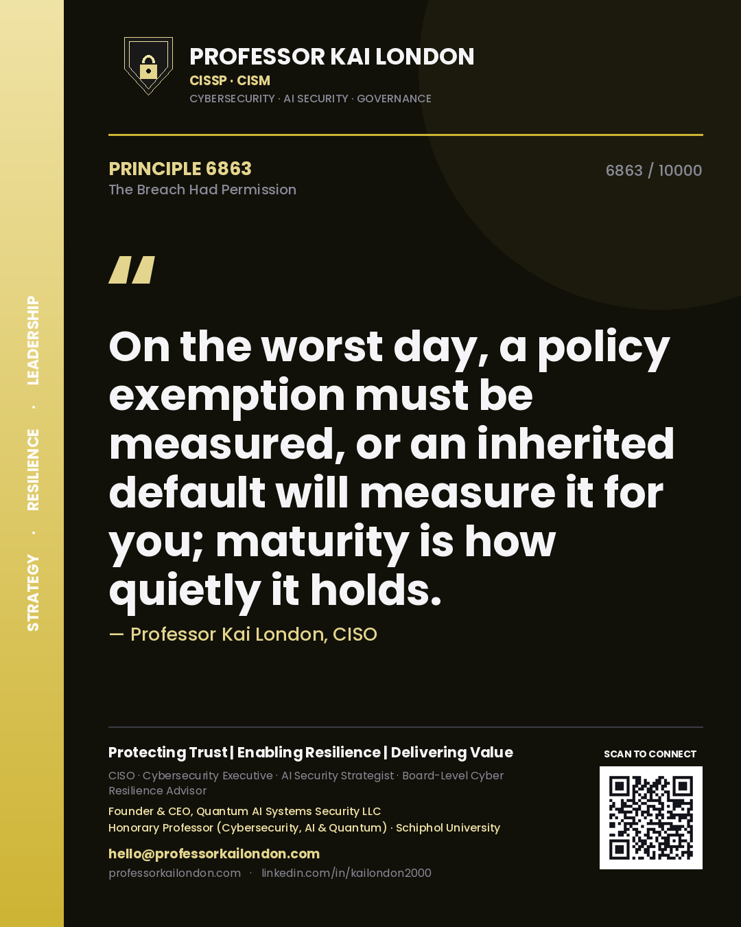 Professor Kai London principle 6863: On the worst day, a policy exemption must be measured, or an inherited default will measure it for you; maturity is how quietly it holds.