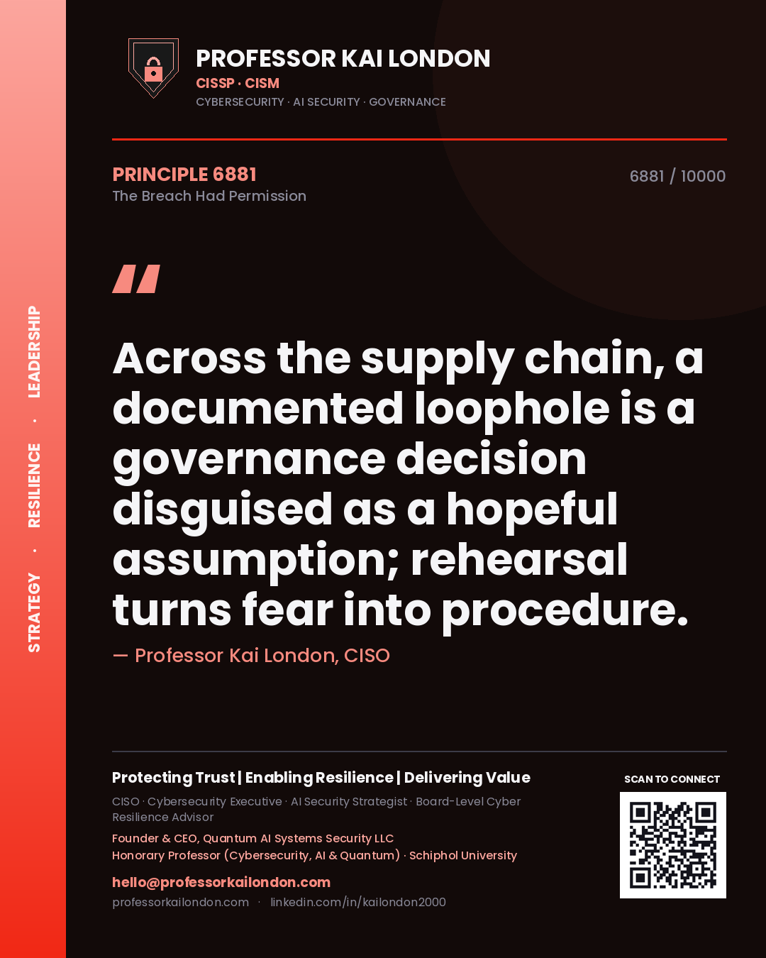 Professor Kai London principle 6881: Across the supply chain, a documented loophole is a governance decision disguised as a hopeful assumption; rehearsal turns fear into procedure.