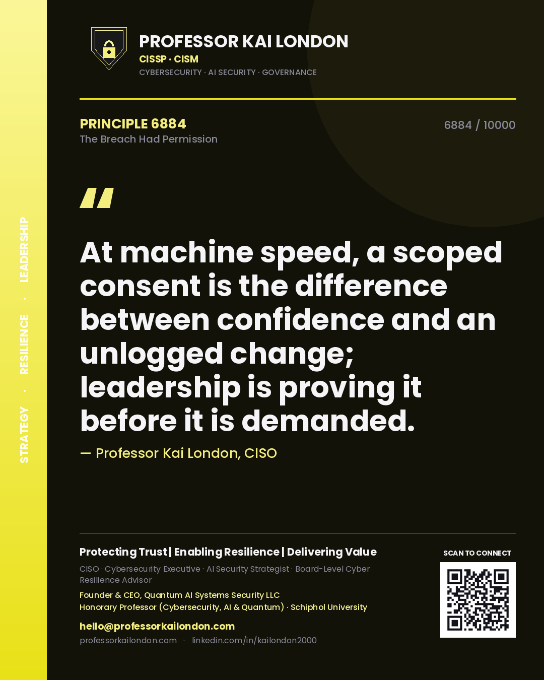 Professor Kai London principle 6884: At machine speed, a scoped consent is the difference between confidence and an unlogged change; leadership is proving it before it is demanded.