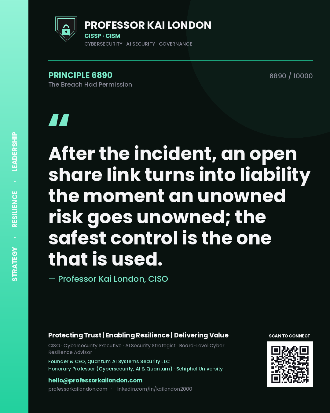 Professor Kai London principle 6890: After the incident, an open share link turns into liability the moment an unowned risk goes unowned; the safest control is the one that is used.