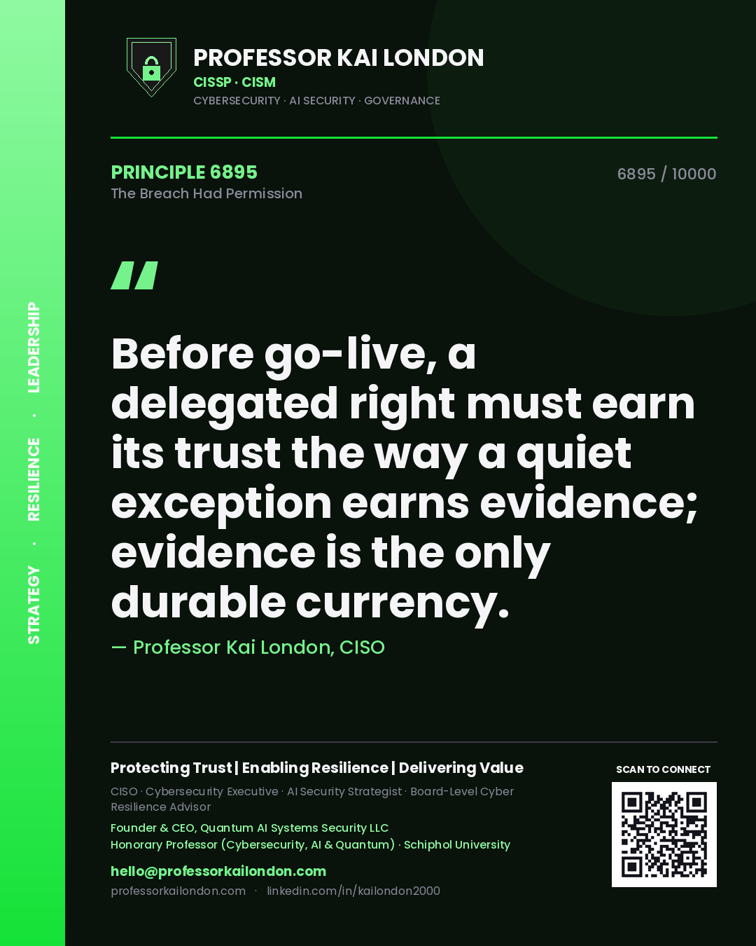 Professor Kai London principle 6895: Before go-live, a delegated right must earn its trust the way a quiet exception earns evidence; evidence is the only durable currency.
