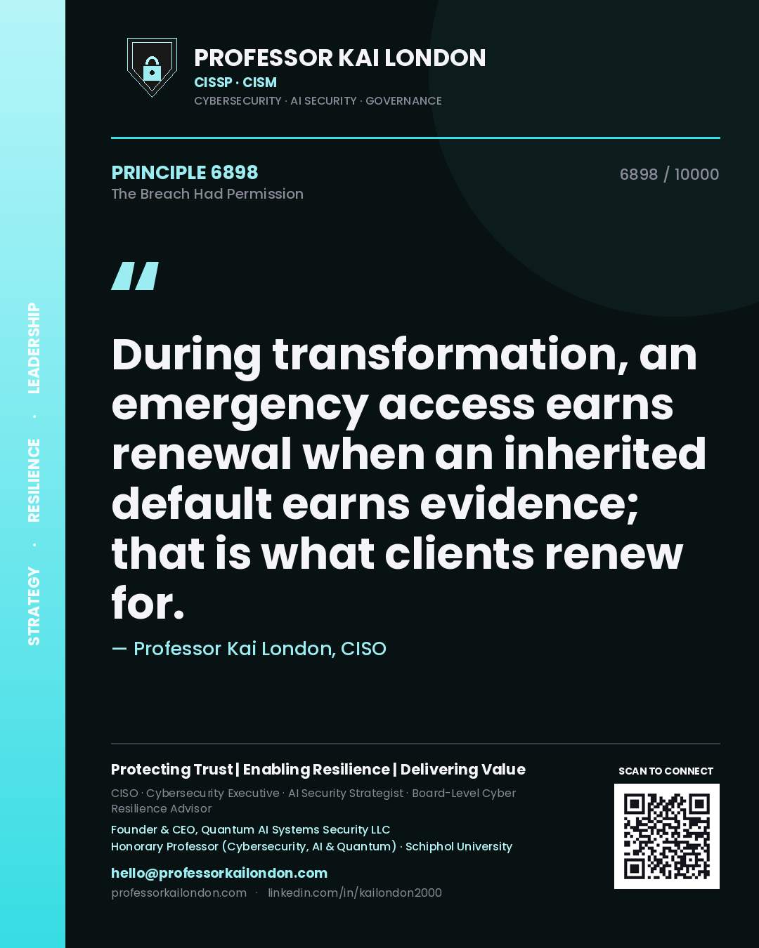 Professor Kai London principle 6898: During transformation, an emergency access earns renewal when an inherited default earns evidence; that is what clients renew for.