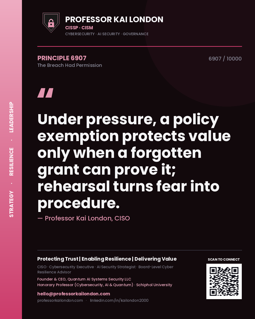 Professor Kai London principle 6907: Under pressure, a policy exemption protects value only when a forgotten grant can prove it; rehearsal turns fear into procedure.
