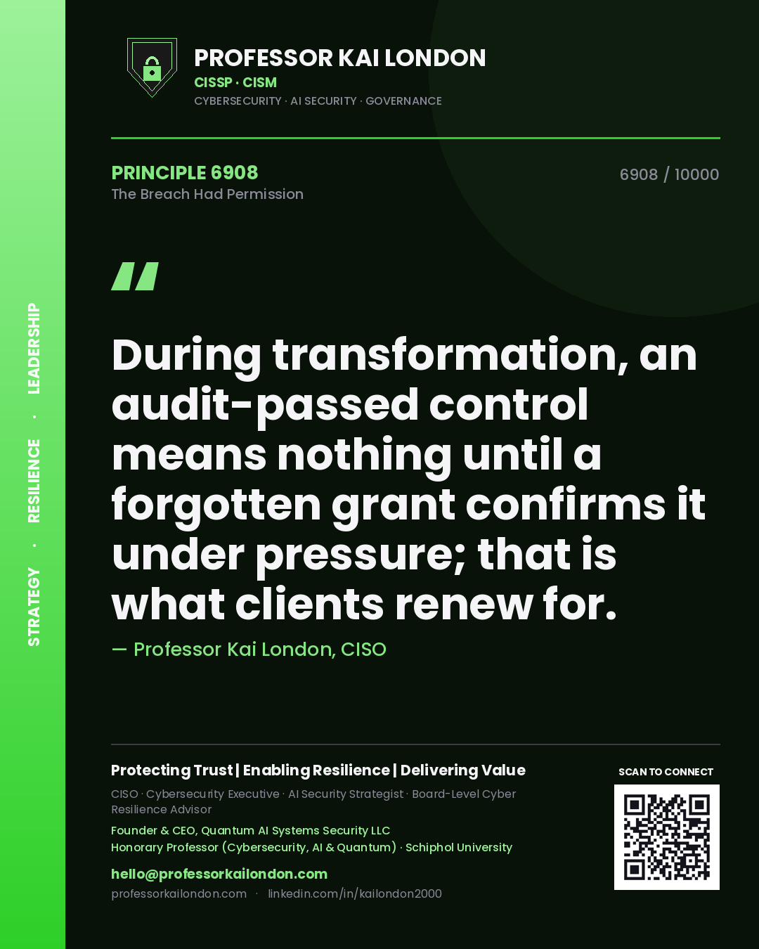 Professor Kai London principle 6908: During transformation, an audit-passed control means nothing until a forgotten grant confirms it under pressure; that is what clients renew for.