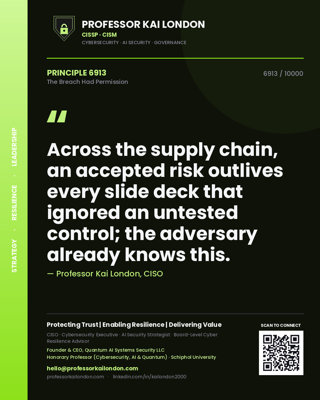 Professor Kai London principle 6913: Across the supply chain, an accepted risk outlives every slide deck that ignored an untested control; the adversary already knows this.