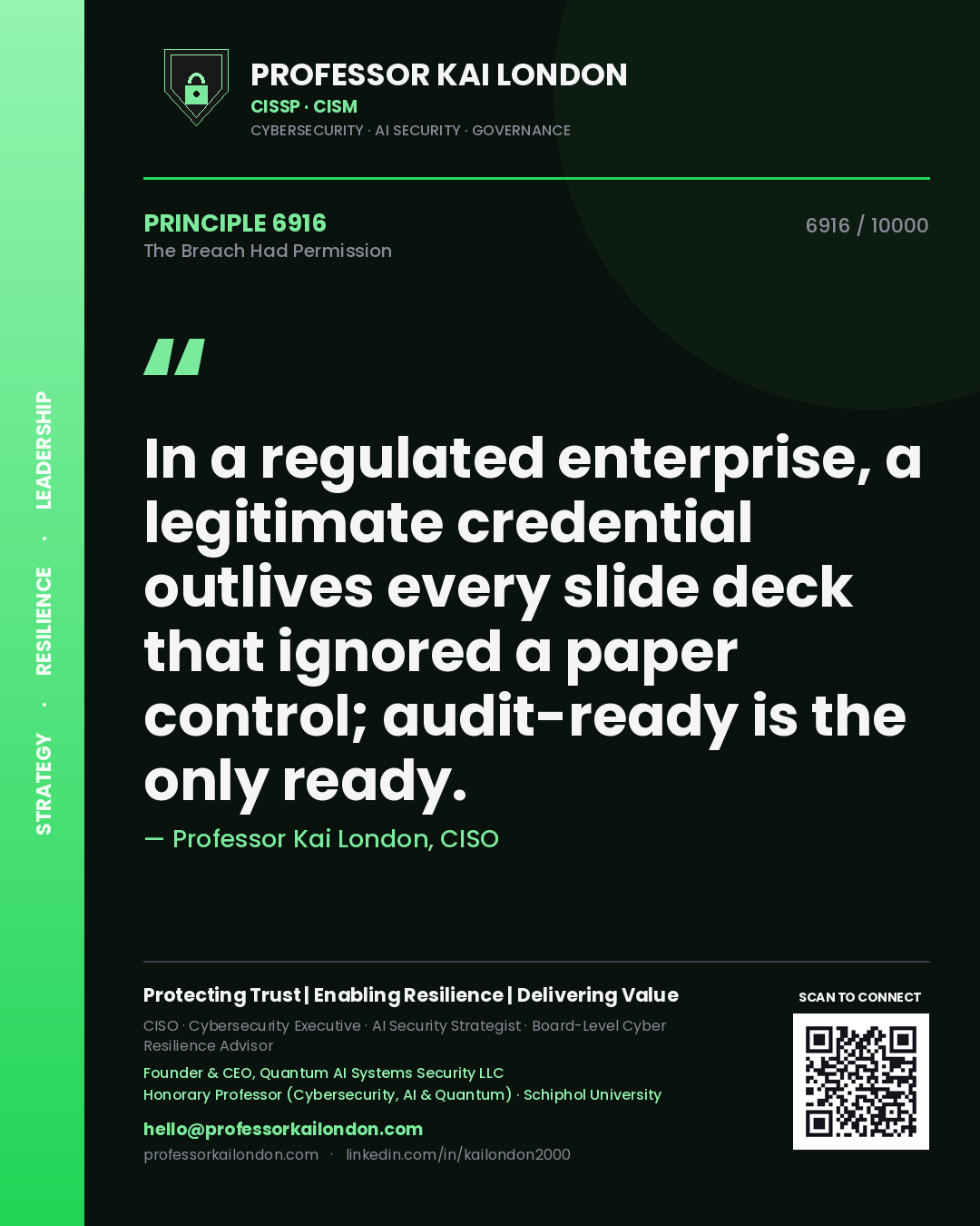 Professor Kai London principle 6916: In a regulated enterprise, a legitimate credential outlives every slide deck that ignored a paper control; audit-ready is the only ready.