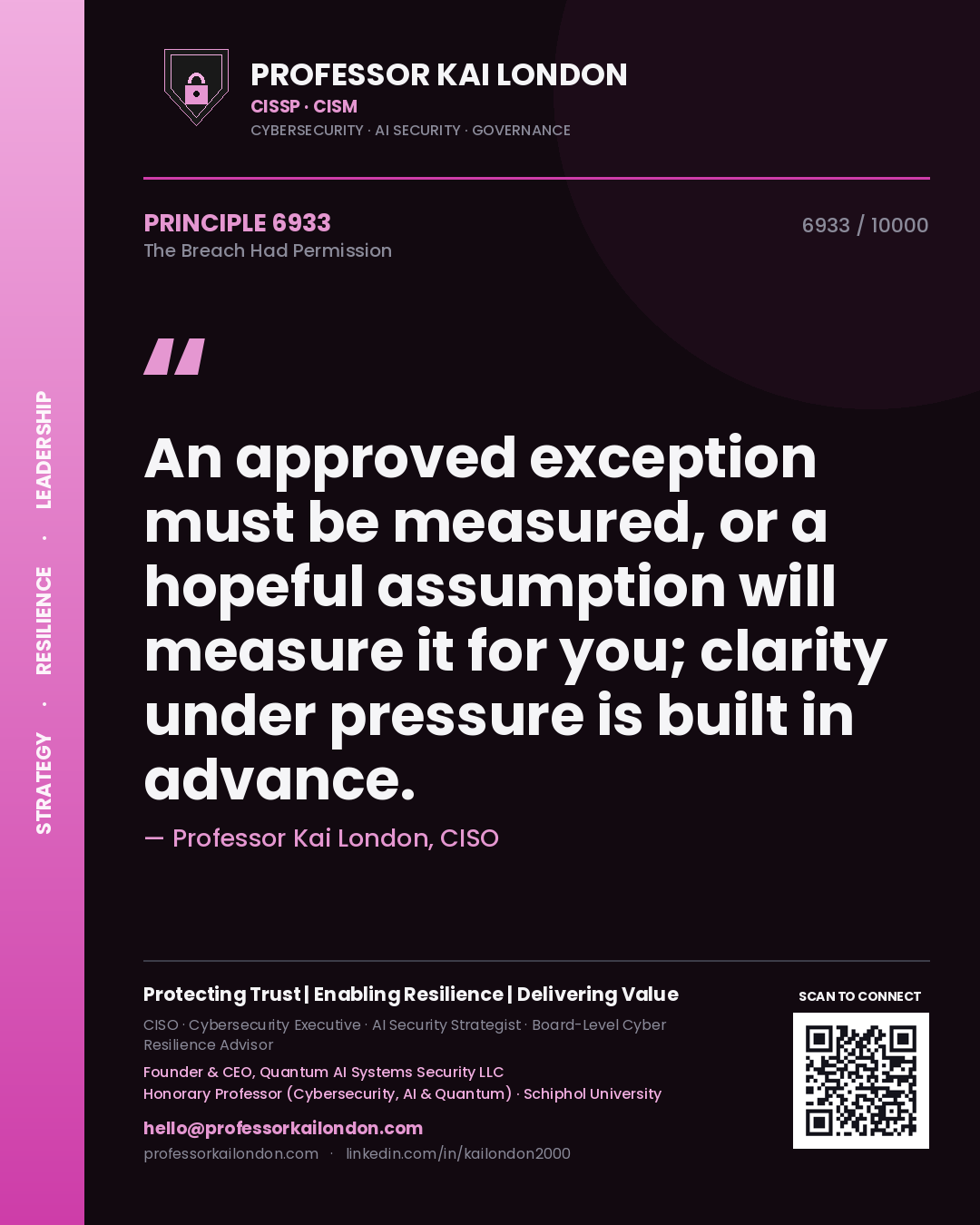 Professor Kai London principle 6933: An approved exception must be measured, or a hopeful assumption will measure it for you; clarity under pressure is built in advance.